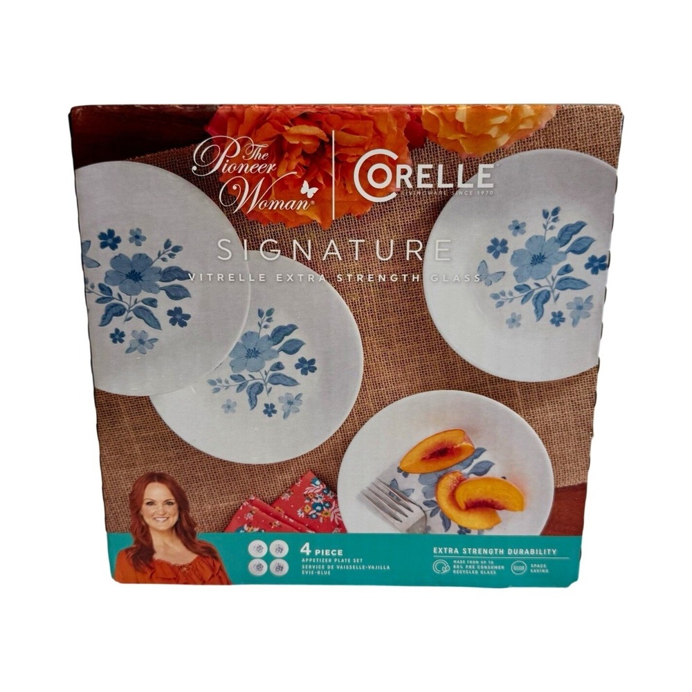 Pioneer Woman Corelle Evie Blue 6.75" Appetizer Plates Set of 4 Original Box